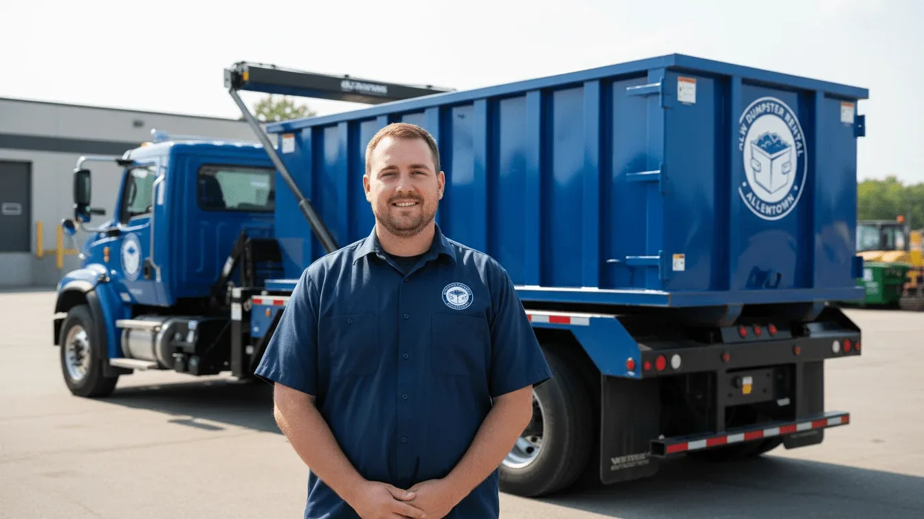 Speaking with a ALW Dumpster Rental Allentown driver beside a roll-off container